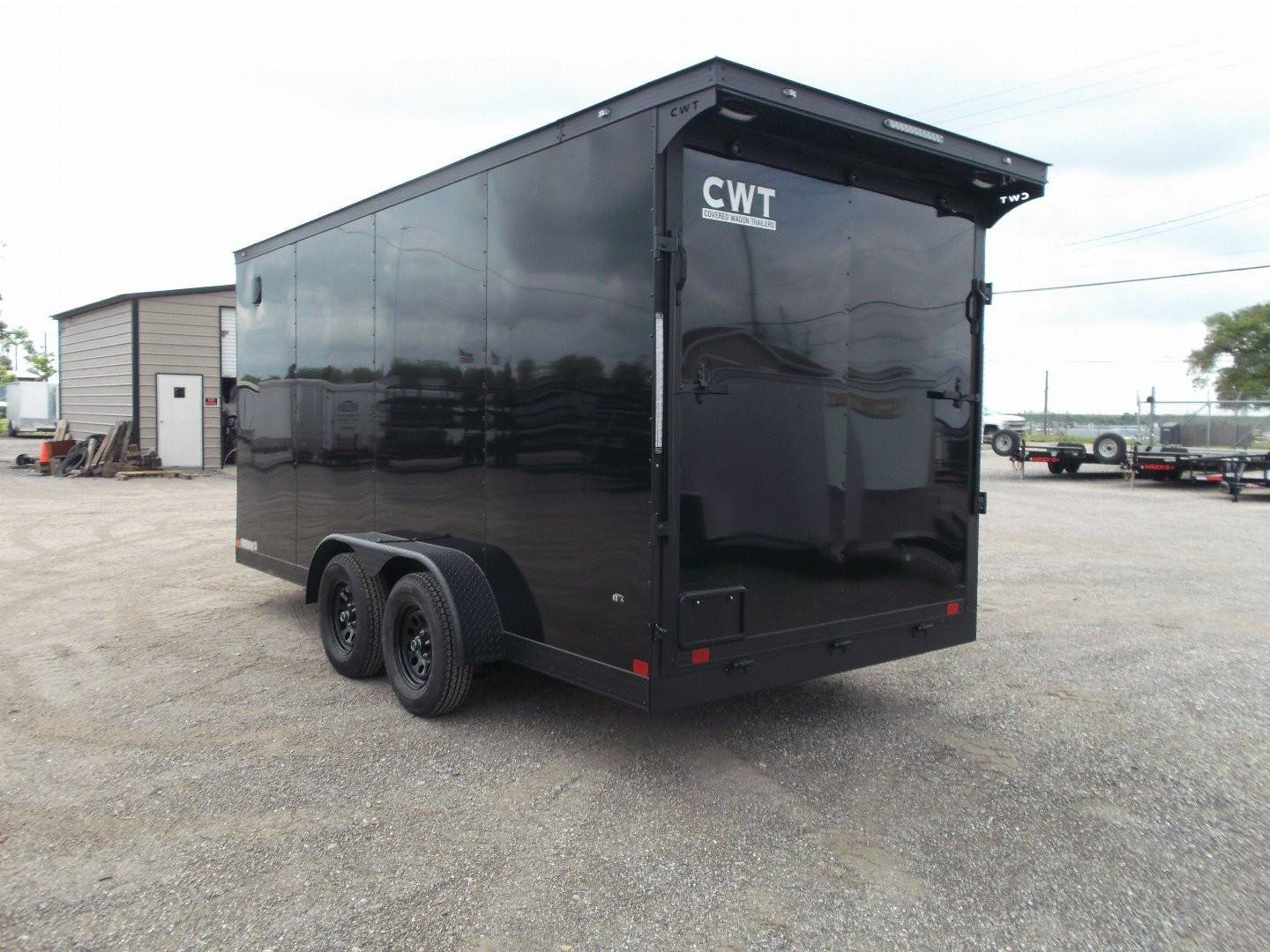 New 2026 Covered Wagon Trailers 7x16 Cargo Trailer / Enclosed Trailer / 7ft Int / Extra Wide Ramp / 48" RV Side Door / .080 SILVER Poly Core / Black Out Package / Slant V-Nose / Rear Spoiler w/ LED Loading Lights