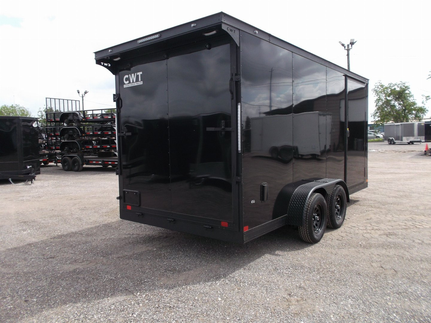 New 2026 Covered Wagon Trailers 7x16 Cargo Trailer / Enclosed Trailer / 7ft Int / Extra Wide Ramp / 48" RV Side Door / .080 SILVER Poly Core / Black Out Package / Slant V-Nose / Rear Spoiler w/ LED Loading Lights