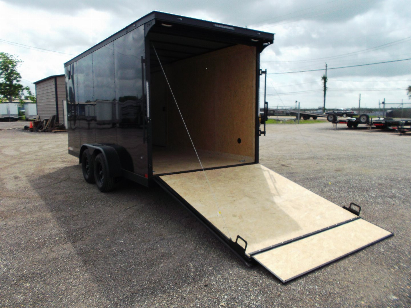 New 2026 Covered Wagon Trailers 7x16 Cargo Trailer / Enclosed Trailer / 7ft Int / Extra Wide Ramp / 48" RV Side Door / .080 SILVER Poly Core / Black Out Package / Slant V-Nose / Rear Spoiler w/ LED Loading Lights