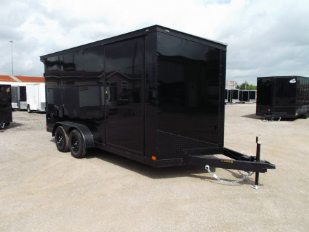 New 2026 Covered Wagon Trailers 7x16 Cargo Trailer / Enclosed Trailer / 7ft Int / Extra Wide Ramp / 48" RV Side Door / .080 SILVER Poly Core / Black Out Package / Slant V-Nose / Rear Spoiler w/ LED Loading Lights