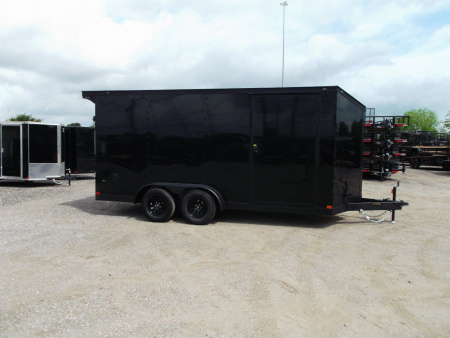 New 2026 Covered Wagon Trailers 7x16 Cargo Trailer / Enclosed Trailer / 7ft Int / Extra Wide Ramp / 48" RV Side Door / .080 SILVER Poly Core / Black Out Package / Slant V-Nose / Rear Spoiler w/ LED Loading Lights