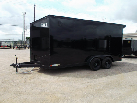 New 2026 Covered Wagon Trailers 7x16 Cargo Trailer / Enclosed Trailer / 7ft Int / Extra Wide Ramp / 48" RV Side Door / .080 SILVER Poly Core / Black Out Package / Slant V-Nose / Rear Spoiler w/ LED Loading Lights