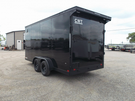 New 2026 Covered Wagon Trailers 7x16 Cargo Trailer / Enclosed Trailer / 7ft Int / Extra Wide Ramp / 48" RV Side Door / .080 SILVER Poly Core / Black Out Package / Slant V-Nose / Rear Spoiler w/ LED Loading Lights