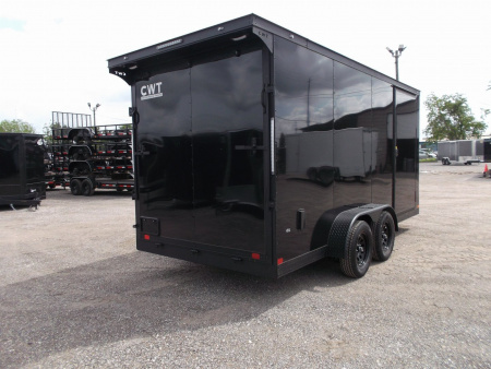 New 2026 Covered Wagon Trailers 7x16 Cargo Trailer / Enclosed Trailer / 7ft Int / Extra Wide Ramp / 48" RV Side Door / .080 SILVER Poly Core / Black Out Package / Slant V-Nose / Rear Spoiler w/ LED Loading Lights