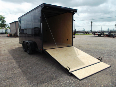 New 2026 Covered Wagon Trailers 7x16 Cargo Trailer / Enclosed Trailer / 7ft Int / Extra Wide Ramp / 48" RV Side Door / .080 SILVER Poly Core / Black Out Package / Slant V-Nose / Rear Spoiler w/ LED Loading Lights