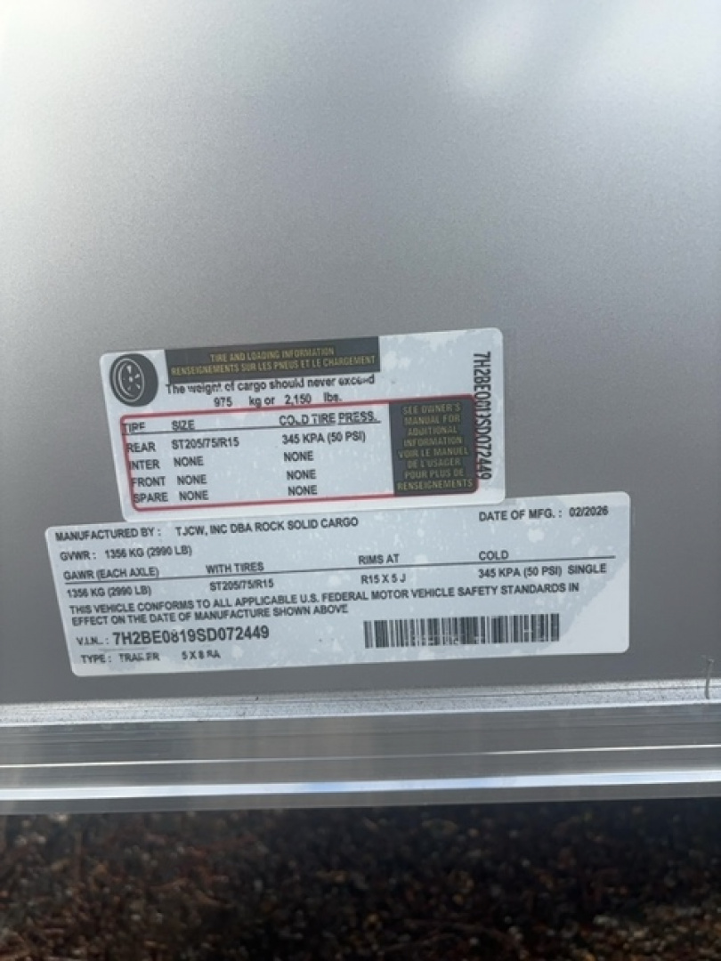 New 2025 Rock Solid Cargo RS5X8SA Cargo / Enclosed Trailer