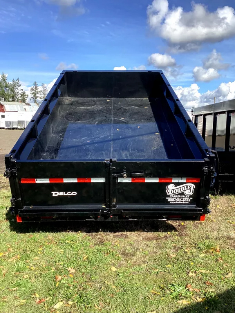New 2026 Delco Dump Trailer 7x14 -14K - Split/Spreader gate - Black- 2' Solid Sides, 6' slide in ramps