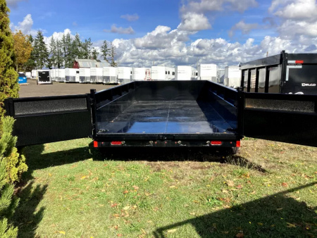 New 2026 Delco Dump Trailer 7x14 -14K - Split/Spreader gate - Black- 2' Solid Sides, 6' slide in ramps