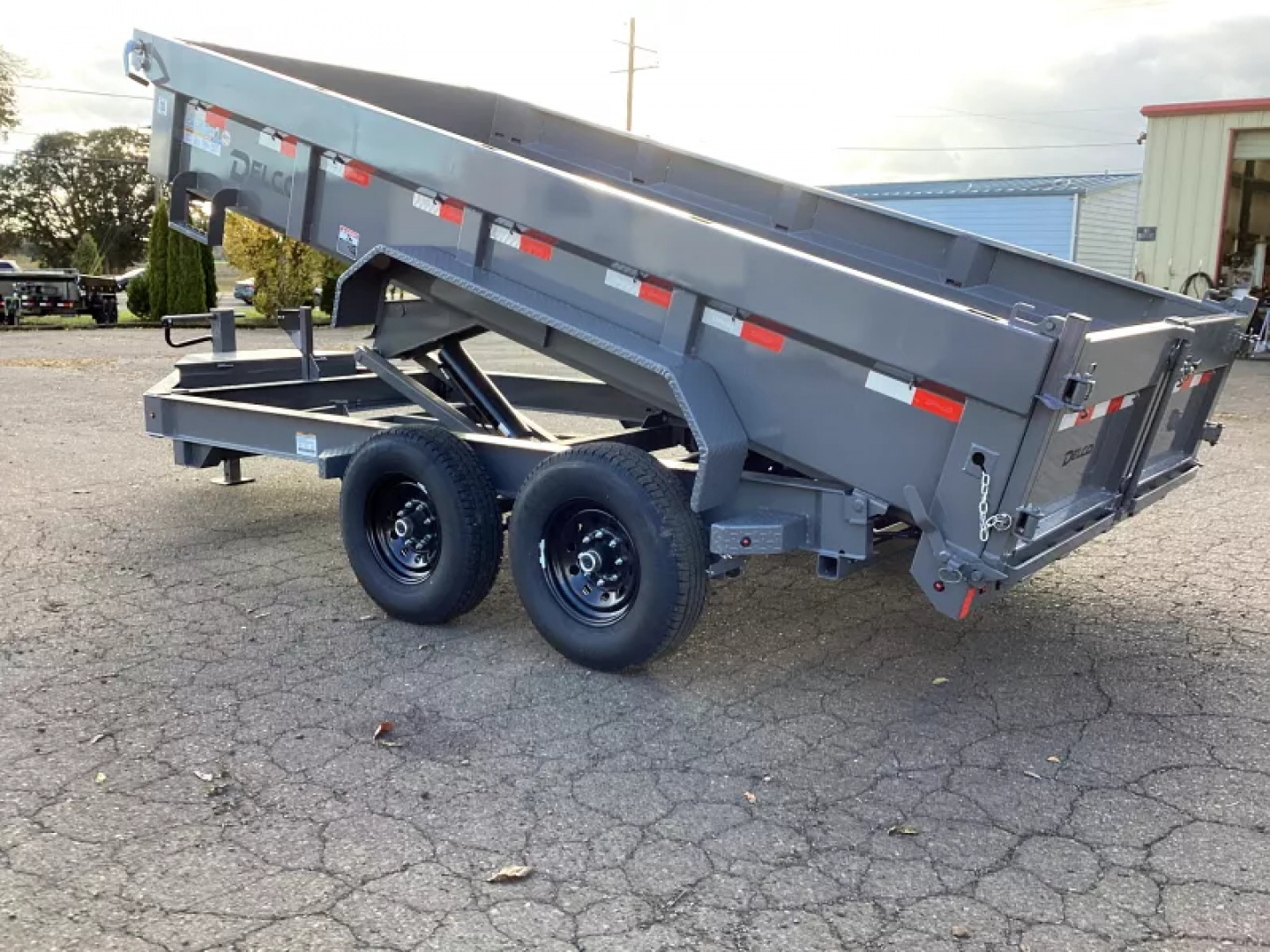 New 2026 Delco Dump Trailer 7x14 -14K - Split/Spreader gate - Jet gray- 2' sides, 6' slide in ramps