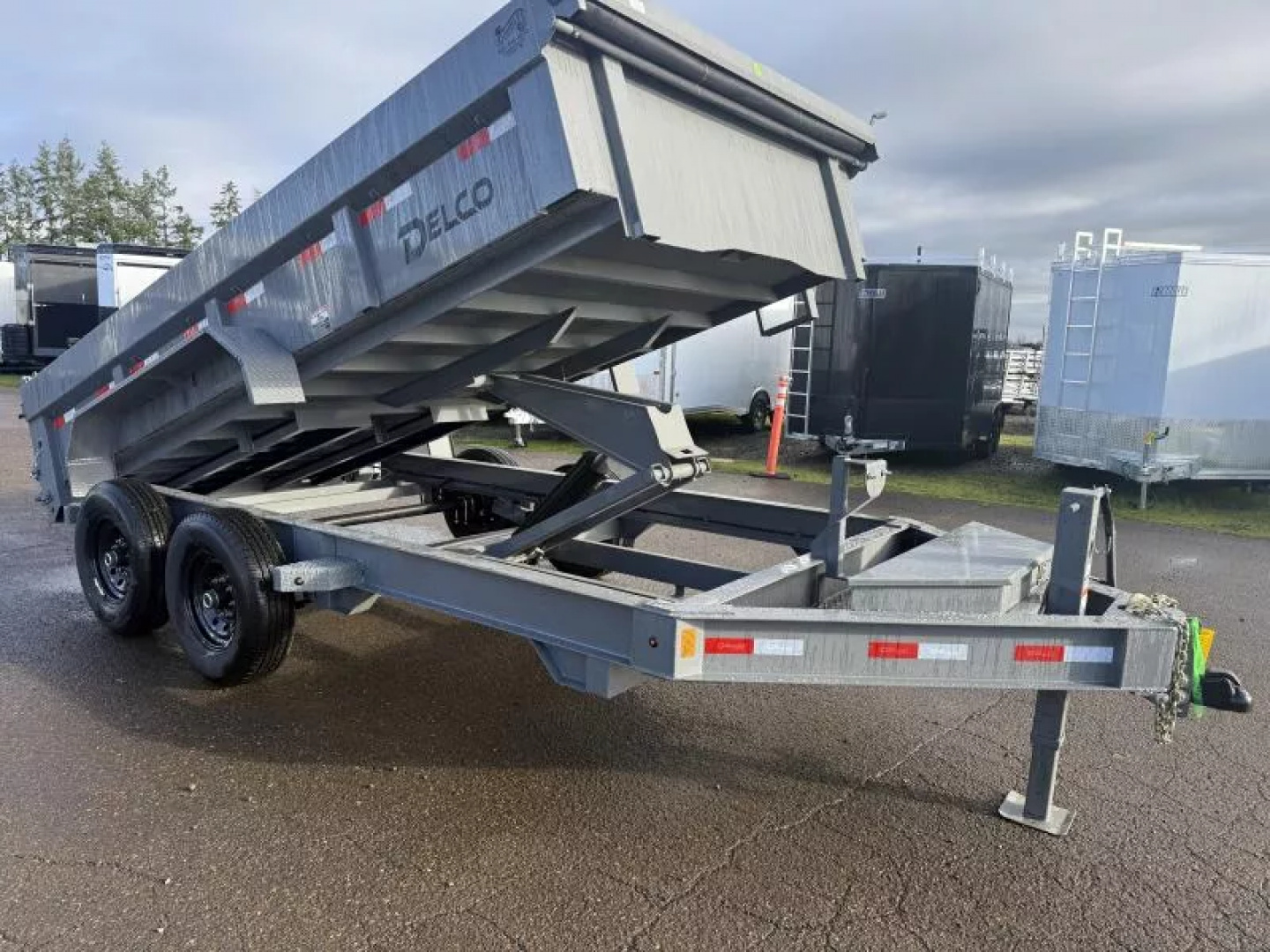 New 2026 Delco Dump Trailer 7x14 -14K - Spreader gate - Jet gray- 2' sides, 6' slide in ramps