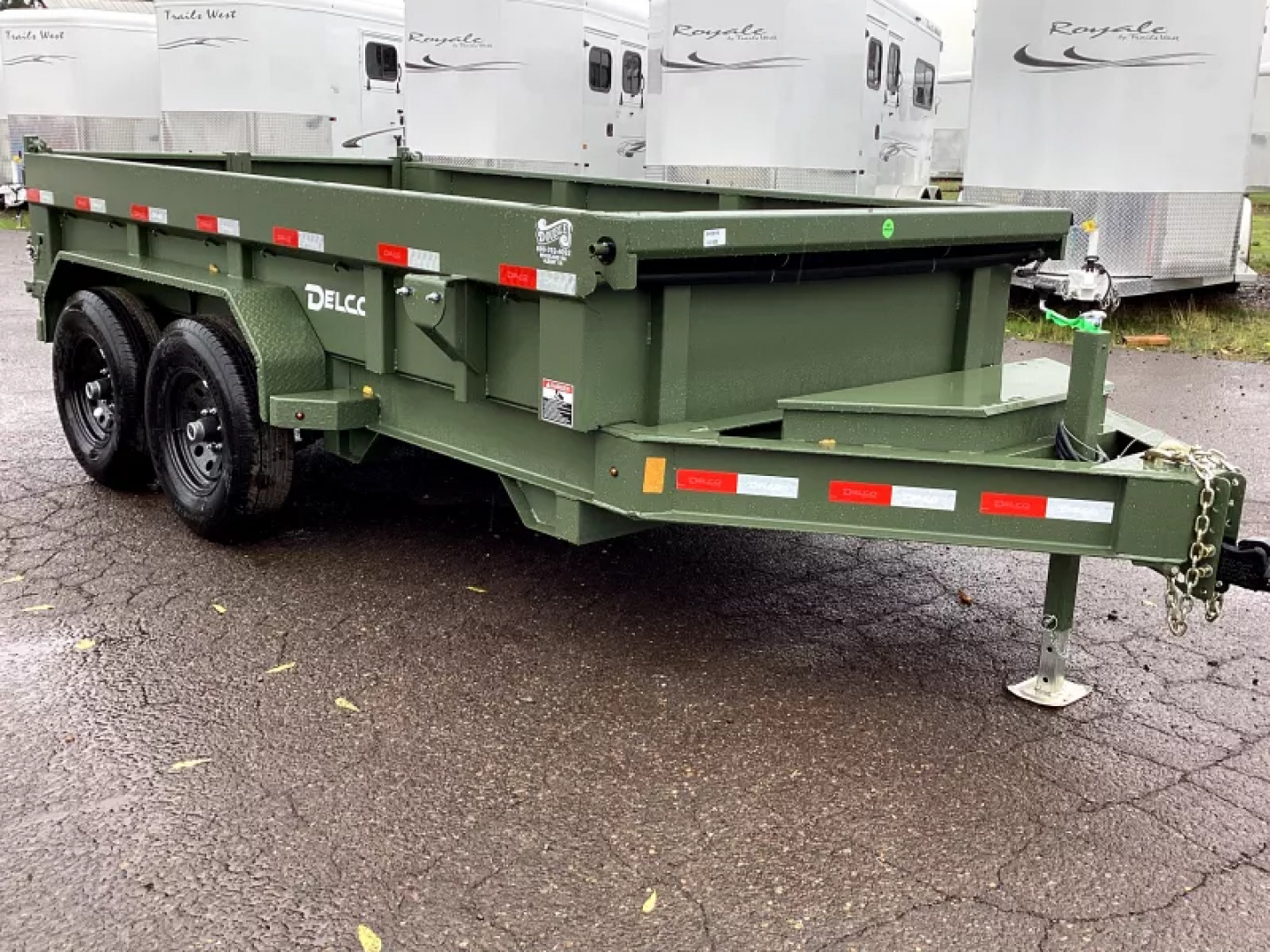 New 2026 Delco Dump Trailer 7x14 -14K - Spreader gate - Army Green - 2' sides, 6' slide in ramps