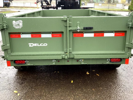 New 2026 Delco Dump Trailer 7x14 -14K - Spreader gate - Army Green - 2' sides, 6' slide in ramps