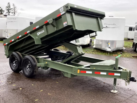 New 2026 Delco Dump Trailer 7x14 -14K - Spreader gate - Army Green - 2' sides, 6' slide in ramps