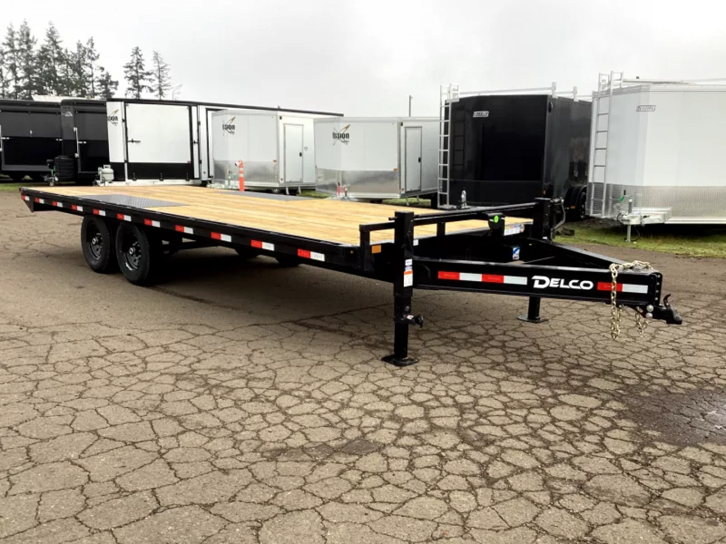 New 2026 Delco F822 14K Deckover Trailer- 102" x 22' -8" x 13lb I-Beam Frame & Tongue, Black, 12k lb Spring Loaded Dual Jack Bumper Pull