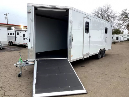 New SEASON CLEARANCE SALE! 2025 Mission MCH 8.5' x 24' Snowmobile All Sport Trailer-White, 15  Aluminum Wheels, 78  Tall Side Access Door, 18  x 24  Sliding Window w/ Screen