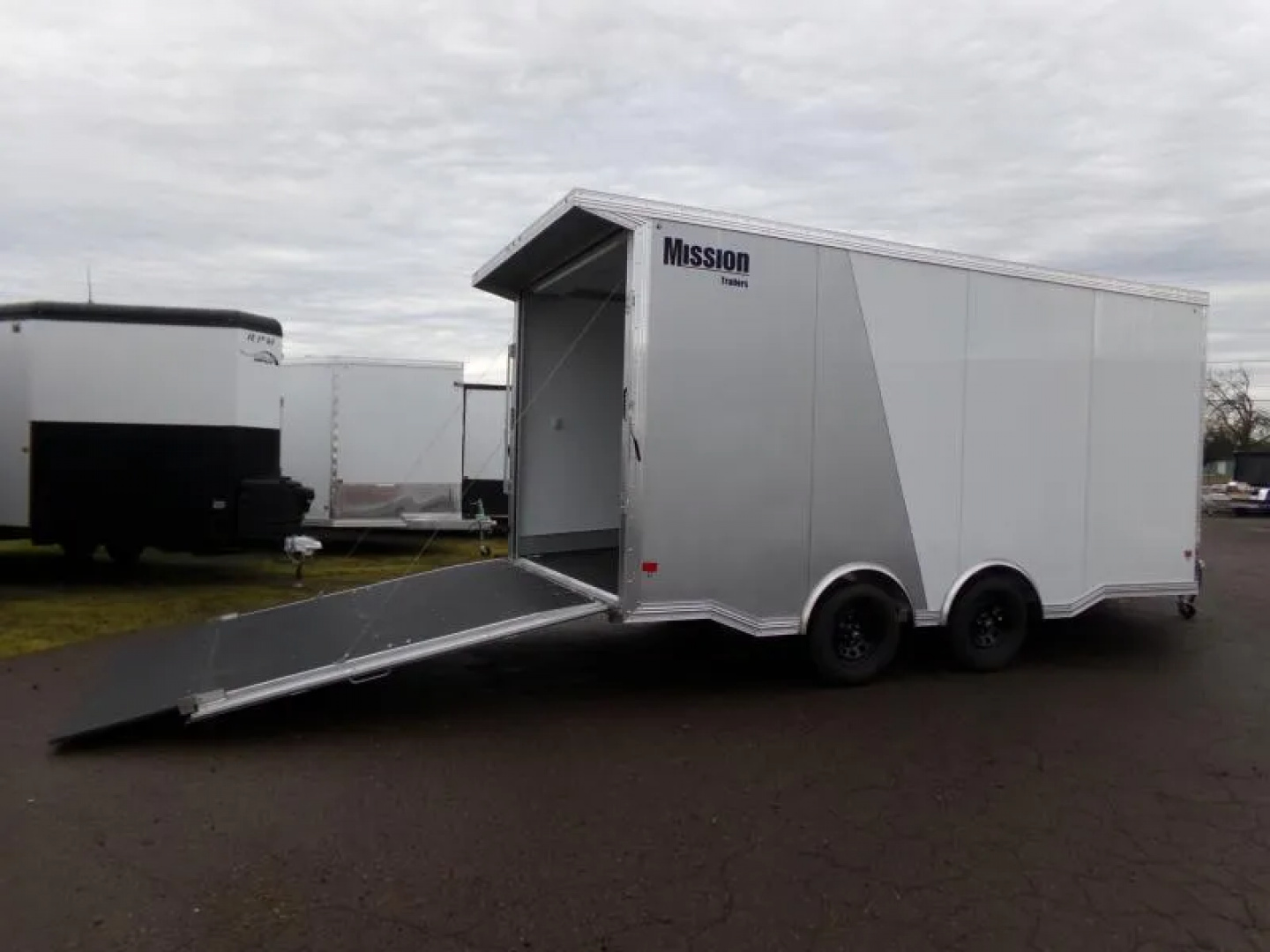 New 2026 Alcom Mission Snowmobile Trailer-All Season Peak Value-2-tone; White/Silver-Front DS Ramp-3500# Axles-Spare Tire