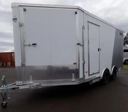 New 2026 Alcom Mission Snowmobile Trailer-All Season Peak Value-2-tone; White/Silver-Front DS Ramp-3500# Axles-Spare Tire