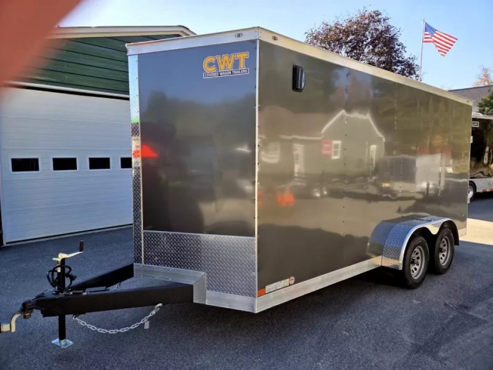 New 2026 7x16 extra height cargo trailer with e trac and rear ramp - Covered Wagon