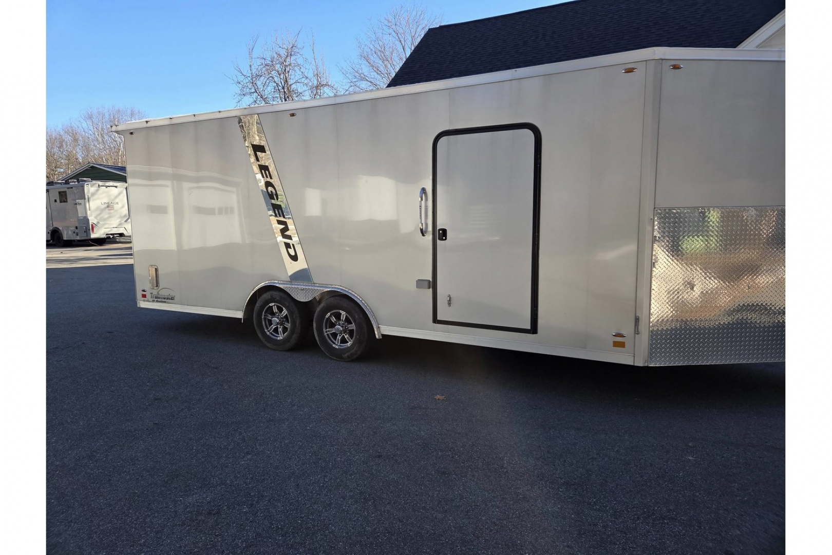 Used 2024 8.5x26 TMV loaded with upgrades 9990lb gvwr 4 place snowmobile atv sxs utv or car hauler trailer - Legend Premium Trailers
