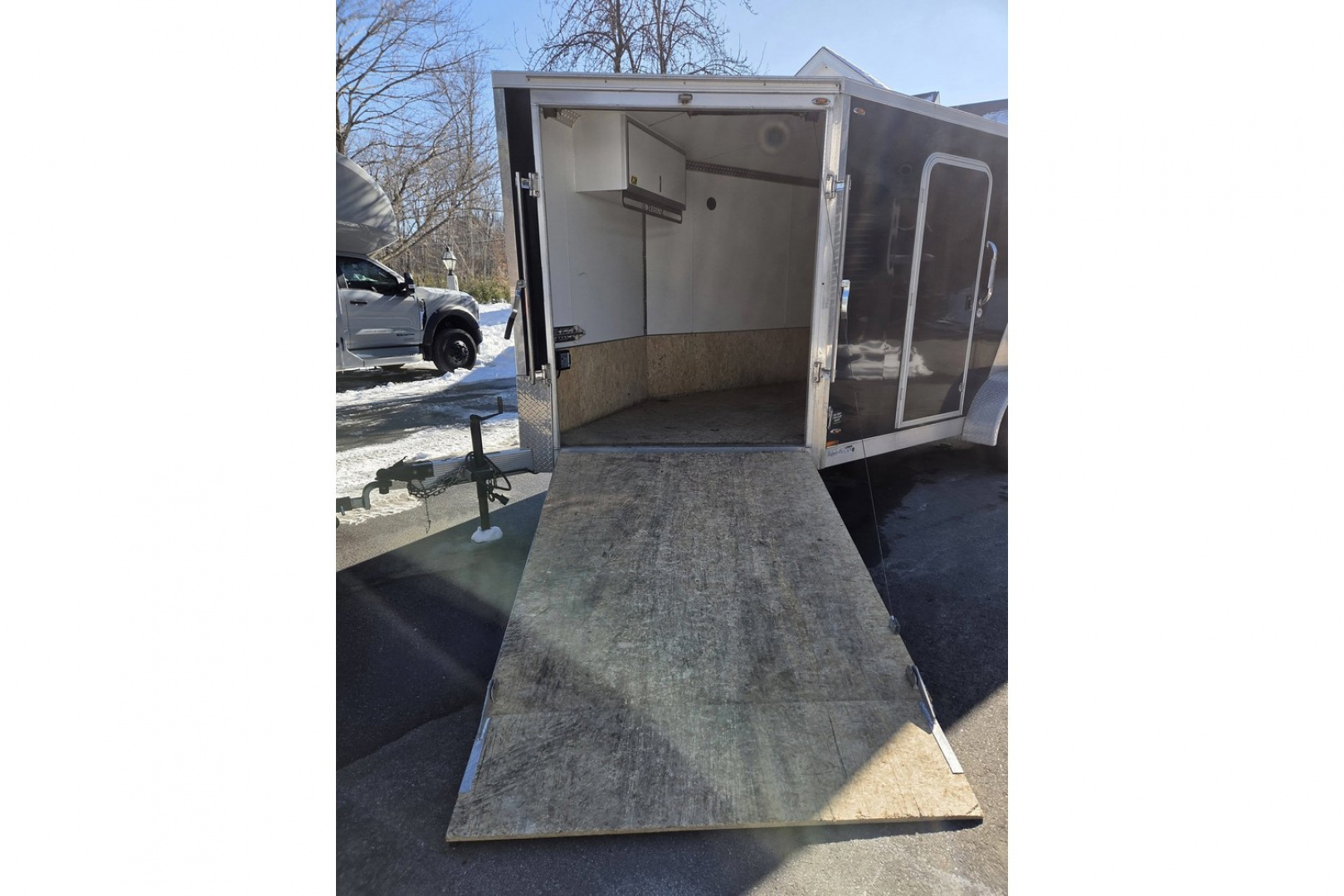 New 2018 7x14 2 place snowmobile atv motorcycle lawn mower trailer with front ramp & finished interior pre-ow - Legend Premium Trailers