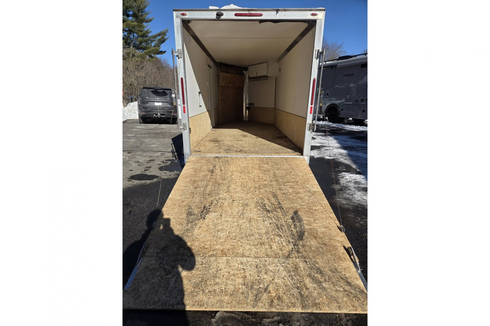 New 2018 7x14 2 place snowmobile atv motorcycle lawn mower trailer with front ramp & finished interior pre-ow - Legend Premium Trailers