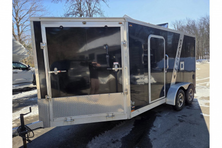 New 2018 7x14 2 place snowmobile atv motorcycle lawn mower trailer with front ramp & finished interior pre-ow - Legend Premium Trailers