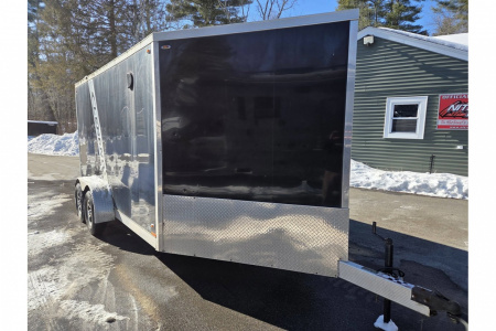 New 2018 7x14 2 place snowmobile atv motorcycle lawn mower trailer with front ramp & finished interior pre-ow - Legend Premium Trailers