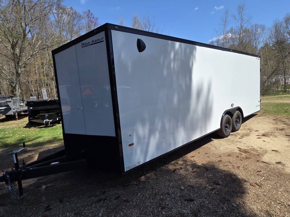New 2026 8.5X24 9990LB GVWR ENCLOSED CAR HAULER EXTRA HEIGHT WHITE WITH BLAKC OUT TRIM PACKAGE - Haul-About