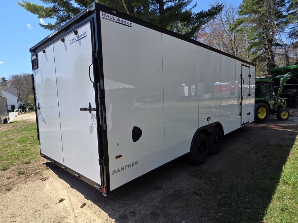New 2026 8.5X24 9990LB GVWR ENCLOSED CAR HAULER EXTRA HEIGHT WHITE WITH BLAKC OUT TRIM PACKAGE - Haul-About