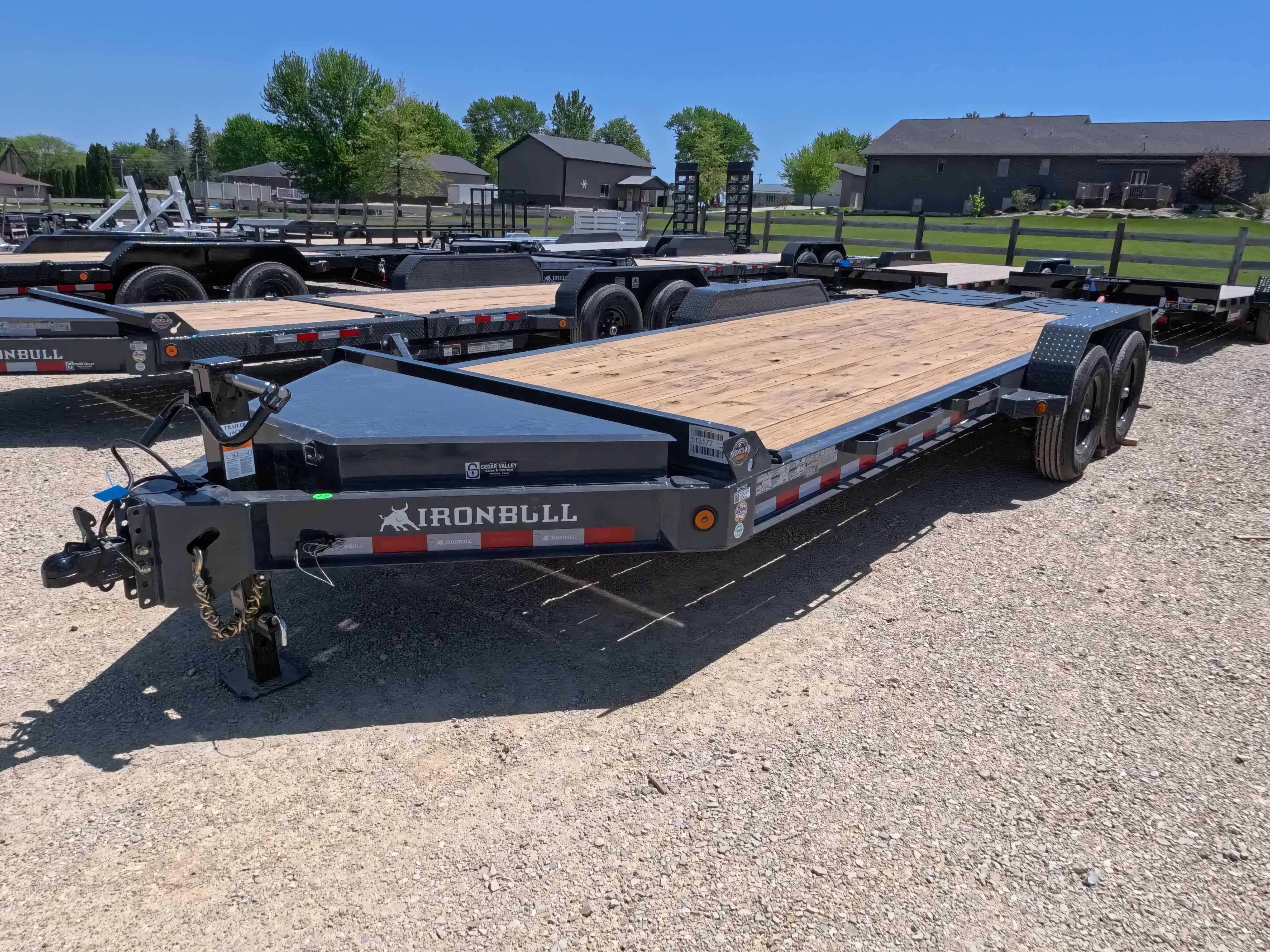New 2026 Iron Bull 83x20 EWB Equipment Trailer, 14K GVWR, 3' Self Cleaning Dove Tail w/Rampage Ramps, Adj. 14K Coupler, LRE 10 Ply Tires